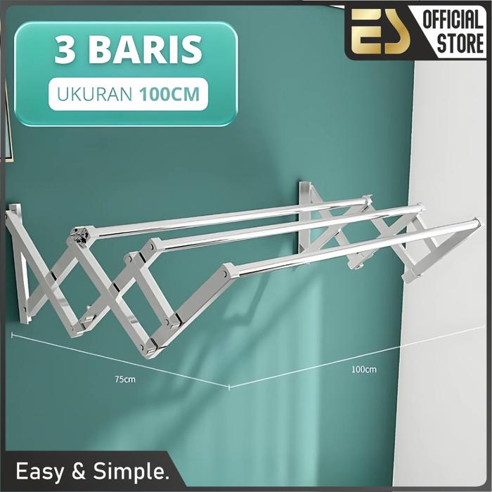 Gambar [Premium] Jemuran Baju Tempel Dinding Stainless Sus 304 Anti Karat Jemuran Lipat Jemuran Tembok Dengan Pipa Tebal Kuat Anti Korosi - Jemuran Dinding 3 Tiang 100cm dari ES Indonesia undefined Tokopedia