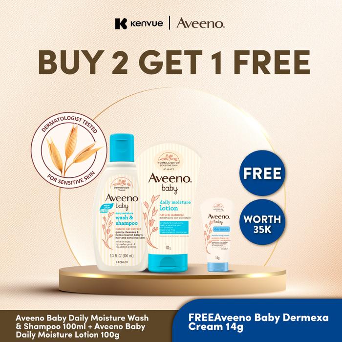 Gambar [BUY 2 GET 1 FREE] Bundling Aveeno Baby Daily Moisture Wash & Shampoo 100ml & Aveeno Baby Daily Moisture Lotion 100g FREE Aveeno Baby Dermexa Cream 14gr 1 PCS - Sabun Mandi & Sampo Bayi Cair Pelembab Kulit Kering dan Sensitif dari Aveeno ID undefined Tokopedia