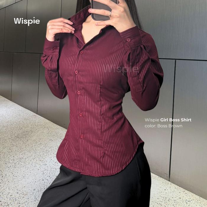 Gambar Wispie Girl Boss Fitted Shirt | Kemeja kerja wanita fit garis stripe karet Lembut pink hijau biru - Boss Burgundy, 3XL dari Wispie undefined Tokopedia