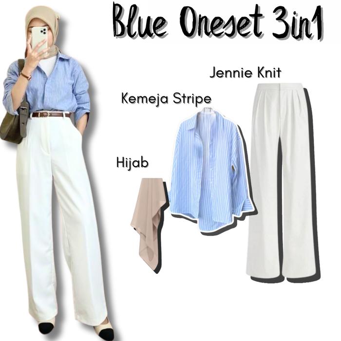 Gambar Oneset Kekinian Oneset 3in1 Kece Blue Outfit(Kemeja Salur+Jennie knit+Hijab)033 - 3in1 dari mamboo modis undefined Tokopedia