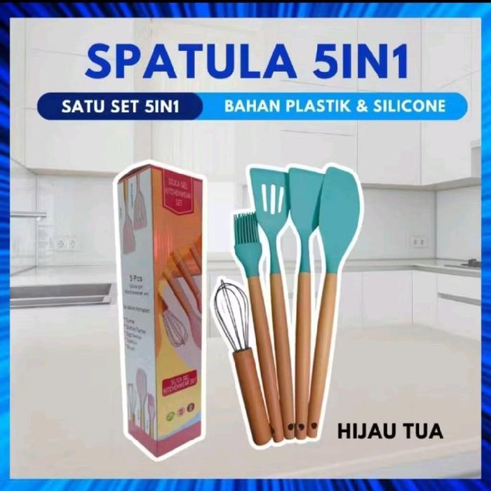Gambar ALAT MASAK SPATULA 5in1 / SPATULA SILIKON SET ANTI PANAS / SUTIL SET  PERALATAN DAPUR 5PCS - hijau tua dari Toserbarameshop undefined Tokopedia