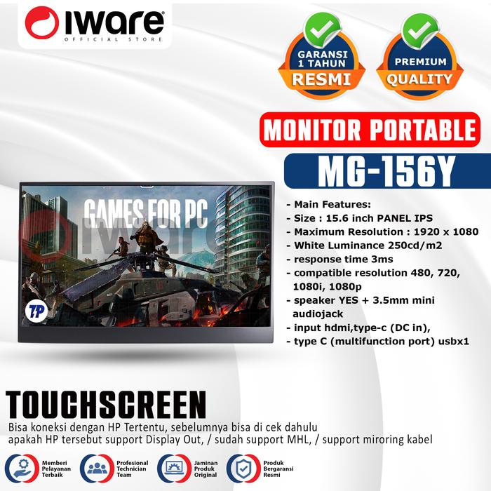 Gambar Portable Monitor Iware MG-TC156Y 15"6 Free Case Stand Type-C Dex Tochscreen dari Iware.id undefined Tokopedia