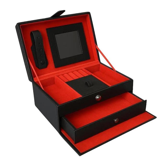 Gambar Kotak Tempat Penyimpanan Perhiasan dan Aksesoris Box Cincin Kalung Emas Bahan Kulit Pu Premium DIY - BLACK RED dari RUMAHCRAFT DIY undefined Tokopedia