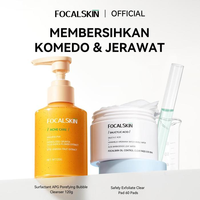 Gambar FOCALSKIN 2Pcs Paket Safely Exfoliate Clear pad + Porefying Bubble Cleanser  / Salicilyc Acid Eksfoliasi Wajah / Blackhead Facial Wash / Oil Control / Glow Starter Kit Porefying Bubble Cleanser + Oil Control & Glowing Clay Mask Color Clay Mask 60g - Clear pad+Cleanser dari Focalskinid undefined Tokopedia
