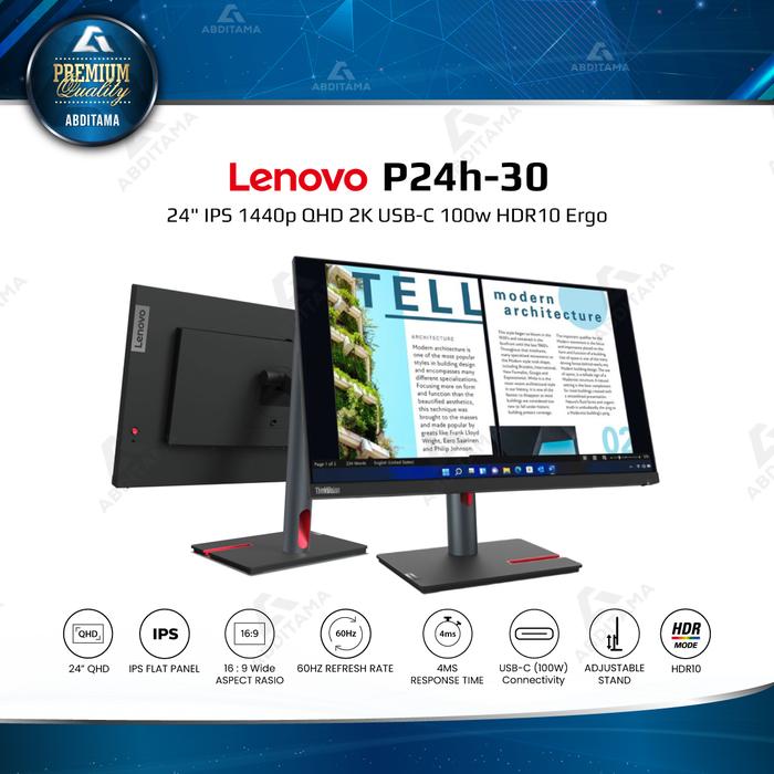 Gambar Monitor LED Lenovo ThinkVision P24H-30 24" IPS 1440p QHD 2K HDMI 2.0x1 DP 1.4x2 USB-C 100w Lan RJ45x1 HDR10 Full Ergonomic Stand VESA 100x100mm The 3-sided NearEdgeless IPS display Daisy chain capability Eye-caring display with Natural Low Blue Light - P24h-30 dari Abditama Official undefined Tokopedia