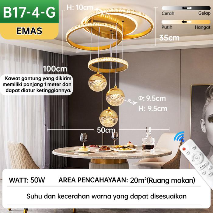 Gambar [COD] Gogeous B17 Lampu Gantung Minimalis Mewah Aesthetic Lampu Plafon LED 3 Warna Ring Kristal Lampu Hias Ruang Tamu Kamar Tidur Bergaransi COD - B17-4 Emas dari Gogeous Lampu Hias Kab. Tangerang Tokopedia