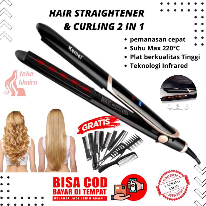 Gambar Catok Rambut Kemei KM-2219 Infrared 2IN1 Meluruskan Dan Mengerinting Dengan Teknologi Keramik Ionic - Curly, Black  Catokan  Straightener dari Toko Khaira undefined Tokopedia