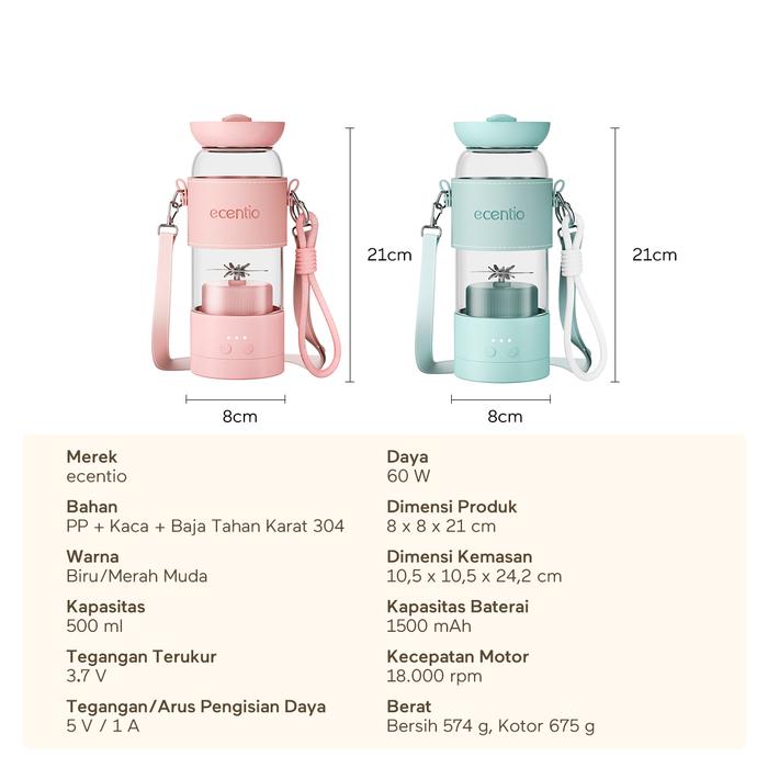 Gambar Ecentio Portable Blender Kaca Food Grade 500ml, Blender Mini Elektrik 60W, Tahan Panas & Dingin, Anti Bocor, Baterai 1500mAh, Motor 18000 rpm, Desain 3 Layer, Praktis & Stylish - Pasangan (2 PCS) dari ecentio.indonesia undefined Tokopedia