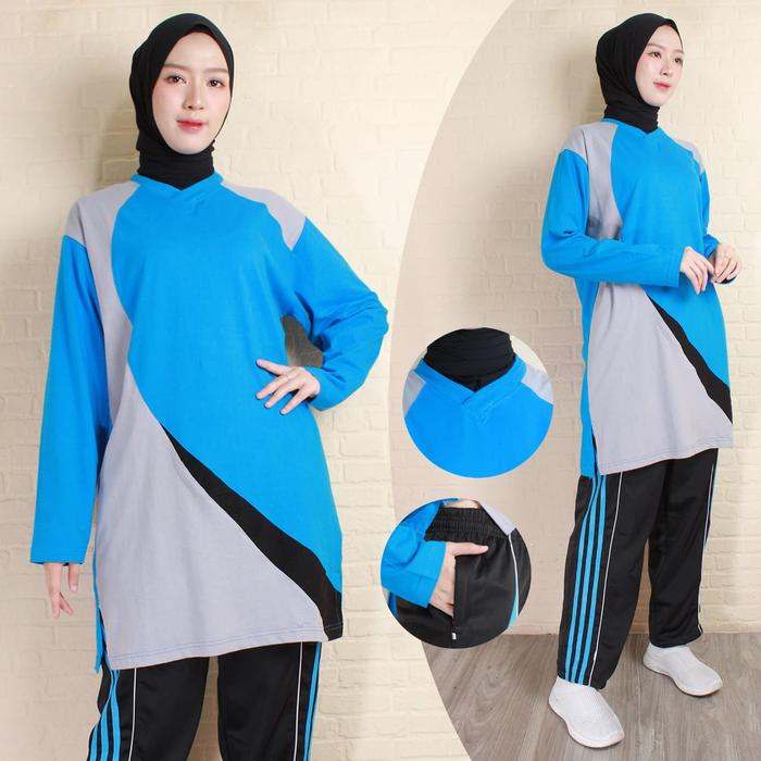 Gambar Setelan Kaos Training Senam Olahraga Muslimah / Setelan Baju Wanita Model Tunik - Turkis Hitam, M dari Toko MJ-506 undefined Tokopedia