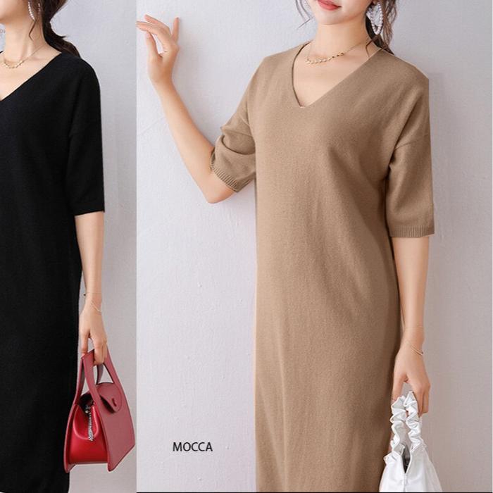 Gambar (D201) Short sleeve v neck knit dress midi rajut wanita Casual - MOCCA dari HighTech Store undefined Tokopedia