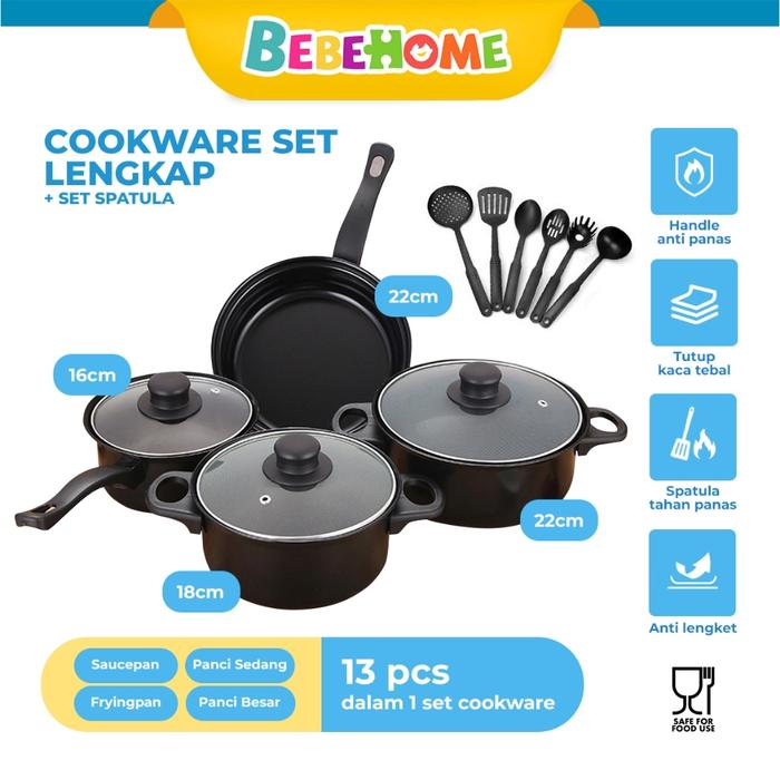 Gambar Bebehome Peralatan Masak Lengkap 13 Pcs dalam 1 set | Cookware Panci Set | Wajan Penggorengan Spatula Set Isi 13Pcs | 1 Set Frypan Saucepan - HITAM, 13PCS 1SET dari DIANA NUR AMALINA STHH undefined Tokopedia