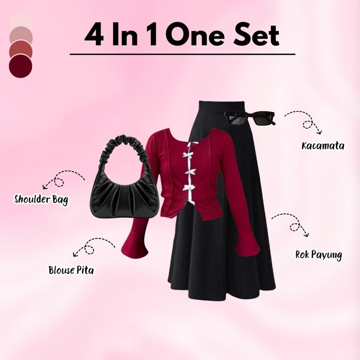 Gambar Setelan Wanita  - Outfit Kece 3 In 1 (Blouse Pita Maroon , Rok Payung Panjang , Shoulder Bag) OOTD Kekinia  Simple - DS007 R - One Set 4 In 1 dari Dressense Style undefined Tokopedia