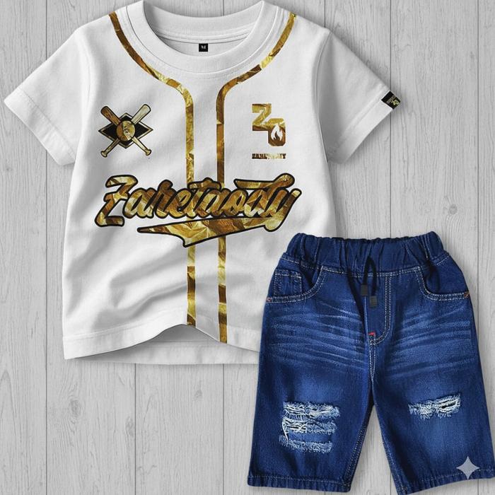 Gambar Stelan Baju Anak Laki Laki Usia 2-10 Tahun Dan Celana Jeans Pendek Sobek Style-Fashion Kece - Jersey Putih Gold-Oks Polos Biowash, M (2-3 Thn / 11-15 Kg) dari ODY KIDSWEAR undefined Tokopedia