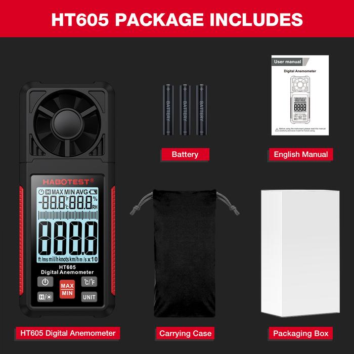 Gambar HABOTEST HT605 Digital Anemometer Portable Wind Speed Meter Air Velocity Gauge Windmeter LCD Backlight Display Temperature Humidity Meter - HT605 dari HABOTEST Store ID undefined Tokopedia