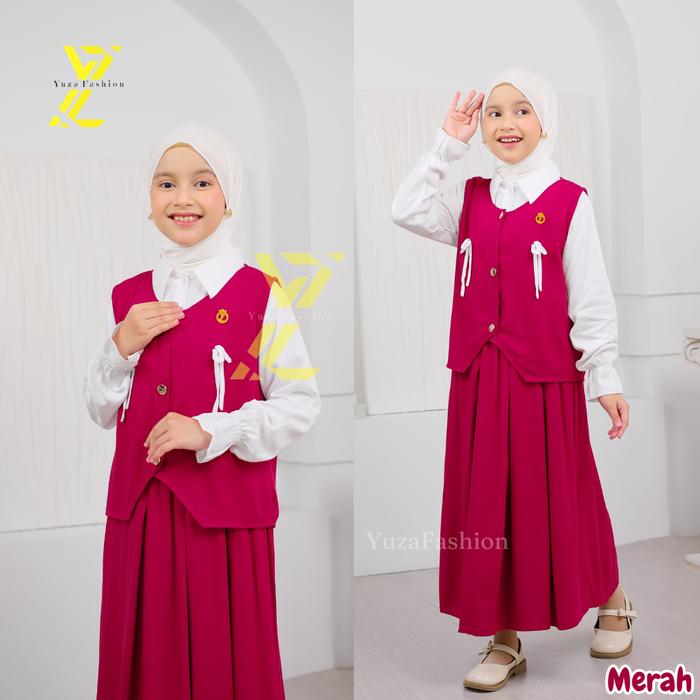 Gambar Setelan Anak Perempuan 5-12 thn 3in1 Baju Setelan Rok Merah Putih Kemerdekaan HUT RI 17 Agustus / Set Vest Rok Mayung Anak / One Set Anak Tanggung / Setelan Anak Kekinian Rayon Twill Premium - Adreena Merah, M dari Aura Moeslim undefined Tokopedia