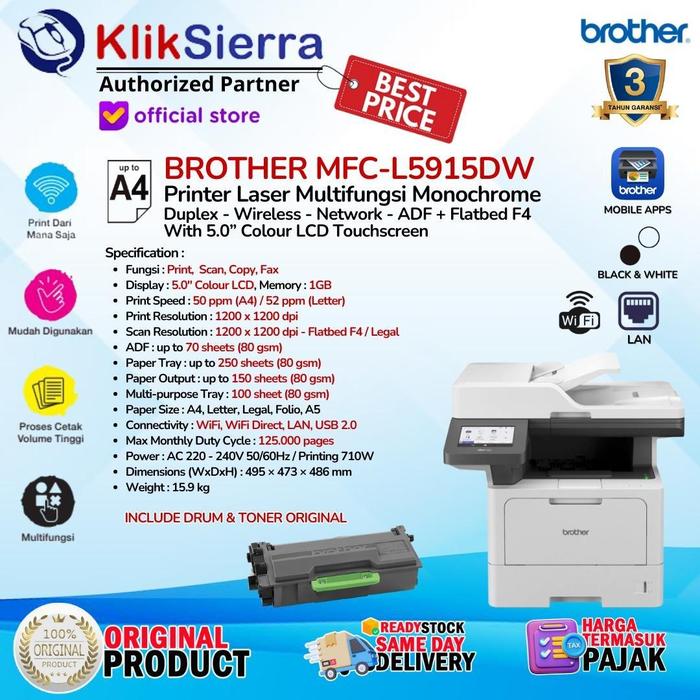 Gambar BROTHER MFC-L5915DW | L5915 50ppm with 5.0" Inch LCD Color TouchScreen, Duplex, WiFi Wireless, FAX, with F4 Flatbed & ADF - MFC-L6915DW L6915 Printer Laser All in One Monochrome - Pengganti MFC-L5900DW - Garansi Resmi 3 Tahun - MFC-L5915DW, GOSEND Instant dari KlikSierra undefined Tokopedia