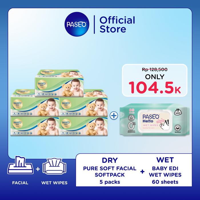 Gambar [BEST PICK] Paseo Baby Pure Soft 130s x5 FREE Hello Pure Water 60s Tisu Bayi Kering + Basah dari PASEO Official undefined Tokopedia