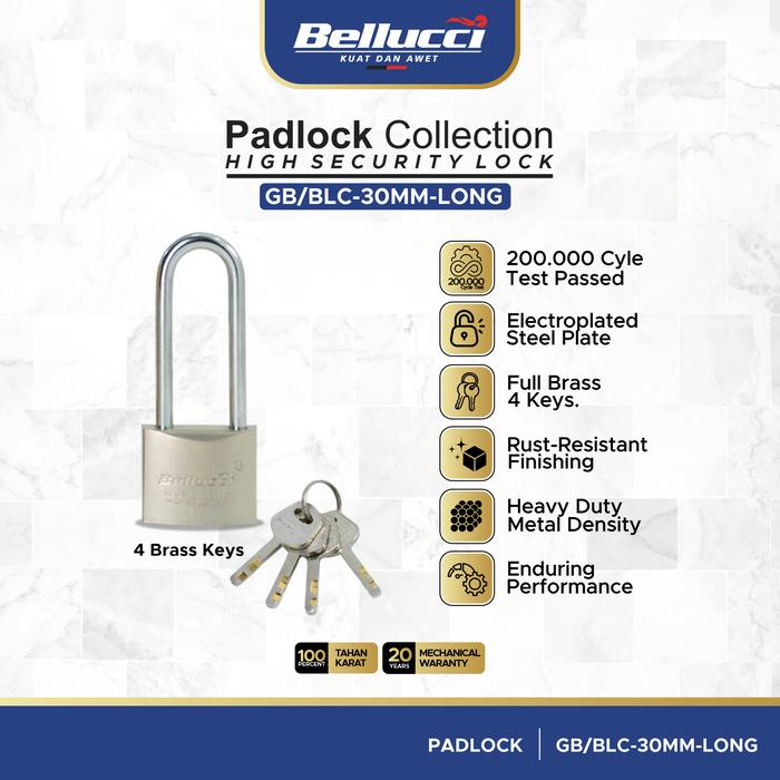 Gambar Bellucci Gembok High Security GB/BLC-LONG Padlock 30mm 40mm 50mm 60mm Heavy Duty 4 Anak Kunci Full Brass - 30MM dari ONASSIS BELLUCCI OFFICIAL Kota Tangerang Tokopedia