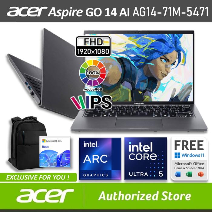 Gambar ACER Aspire GO 14 AI AG14 71M 5471 Intel Core Ultra 5 125H 16/512GB SSD Windows 11 OHS M365B 14" inch WUXGA 100sRGB IPS Grey - LAPTOP, 16/512GB SSD dari Acer Authorized Store Jakarta undefined Tokopedia