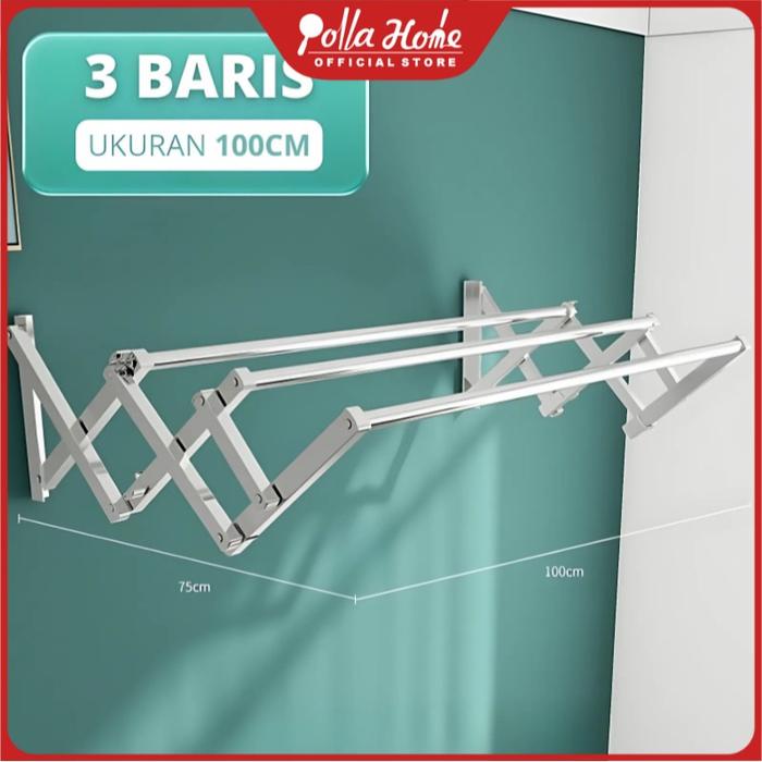 Gambar Ollahom Jemuran Baju Tempel Dinding Stainless Tebal Jemuran Lipat Tembok Bisa Tarik Besi Tahan Karat Minimalis - Jemuran Dinding 3 Tiang 100cm dari Ollahom Official Store undefined Tokopedia