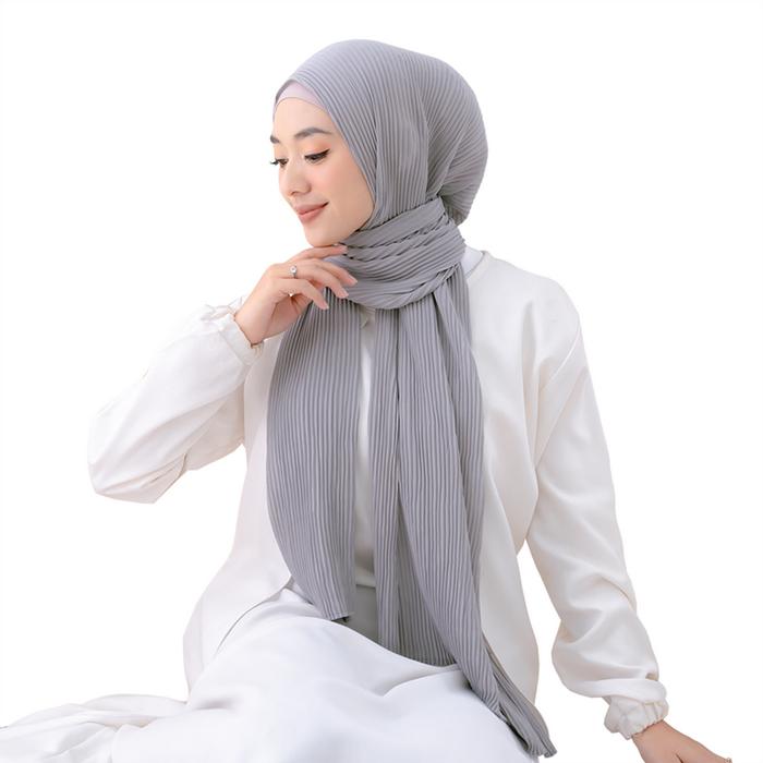 Maula Hijab Pashmina Plisket Lidi Full Tanpa Garis Tengah Jilbab Ceruty  Babydoll Premium Abu Muda