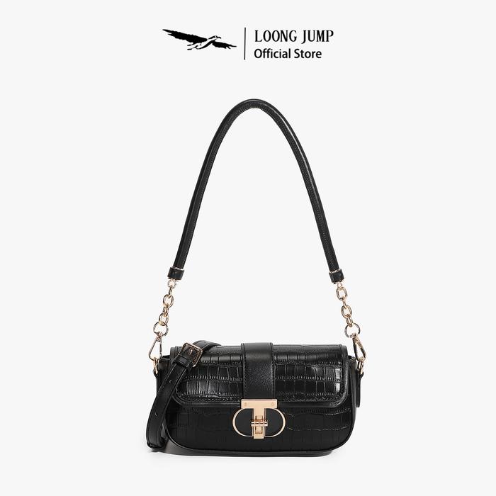 LOONG JUMP Pink Wanita Selempang Mini Chain Shoulder Bag Pu Leather  Adjustable Long Strap Shoulder Bag Sling Bag for Women Cewek Hitam