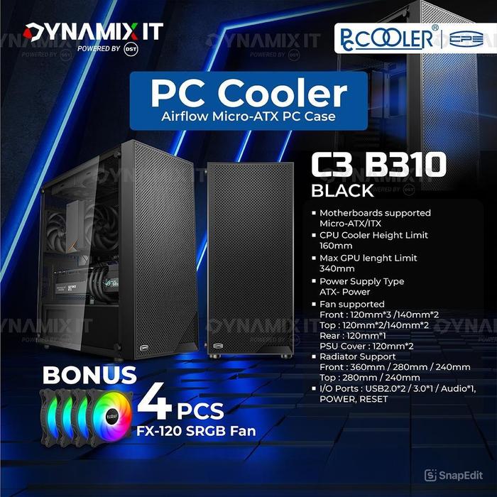 Gambar PC Cooler C3-B310 TG microATX PC Case + 4x 120mm SRGB Fan - Black dari DYNAMIX IT undefined Tokopedia