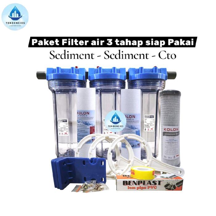 Gambar Paket Filter Air 3 Tahap + Filter Air 3 Housing Filter 10 Inch Siap Pakai (Sediment-Sediment-CTO) - Water, Karbon - CLEAR, 1/2 INCH dari Tendencies Water Filter undefined Tokopedia
