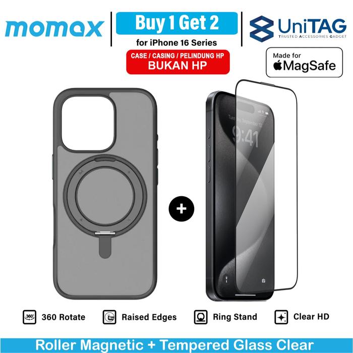 Gambar [BUY 1 GET 2] Momax Case for iPhone 16 Pro Max Magsafe Ring Stand + Tempered Glass Clear Anti Gores - Black,Clear, 16 Pro dari Momax Indonesia Kota Administrasi Jakarta Barat Tokopedia