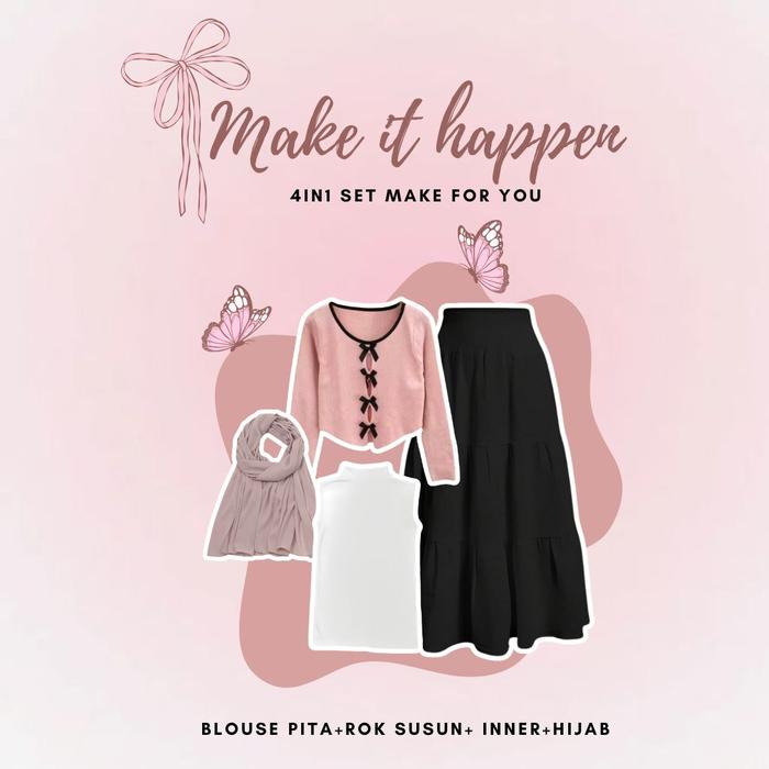 Gambar One Set 4in1 Outfit Coquette Blouse Pita Rok Susun Inner Manset Buntung Pashmina Ceruty KF24 Jilbab Panjang Kombinasi - ONE SET dari DailyDripd undefined Tokopedia