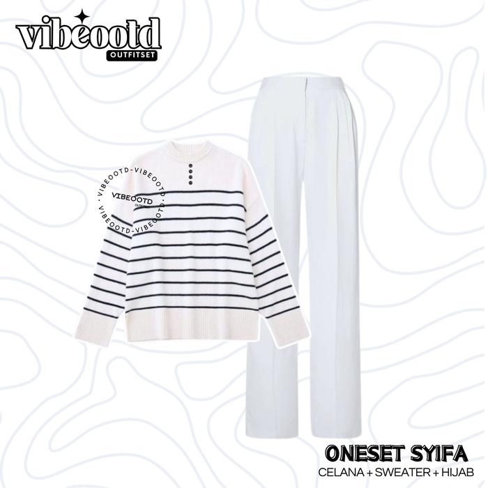 Gambar Syifa Outfit Set Wanita Hijab ( Celana Kulot Scuba Kantong + Baju Sweater Motif Salur Garis Stripe Kancing Melar +  Pashmina Jersey ) Ootd Kuliah | Variasi One Set Muslim Casual Santai | Setelan Nyaman Lembut Panjang cewek Karet - Tanpa Hijab dari Vibe.ootd undefined Tokopedia