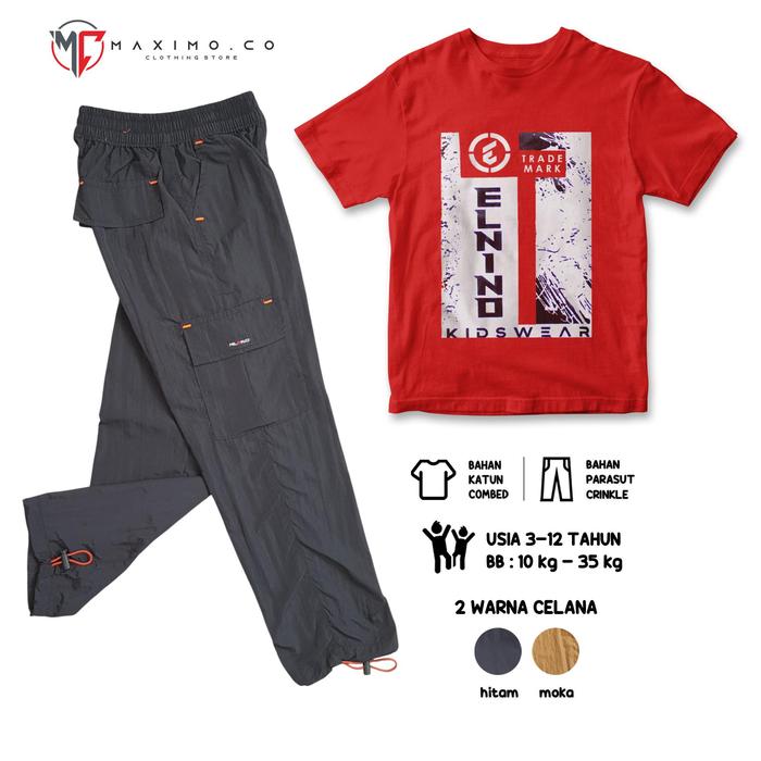 Gambar Setelan Baju Distro Anak Trademark Celana Kargo Parasut Panjang 2 warna Usia 3-12 Tahun Fashion Anak - Elnino Red + Parasut Kargo Panjang Hitam, Setelan M (3-4 tahun) dari Maximo Clothing Store Kab. Bandung Tokopedia