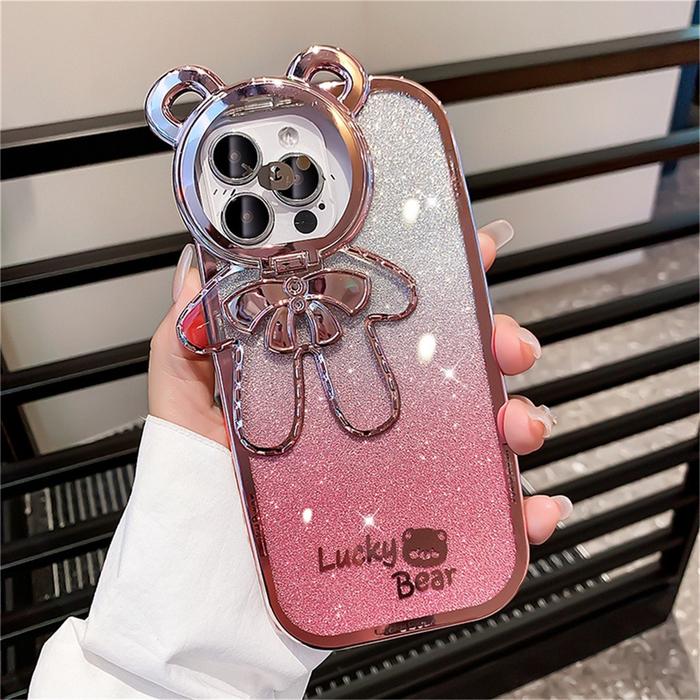 Gambar Luxury Cute 3D Bear Phone Case For iPhone 15 12 13 14 11 Pro Max 11pro 15pro 7 8 14 15 Plus X XR Xs Max Glitter Gradient Soft Silicone Casing With Lens Camera Protector - pink, iphone xr dari CaseBoss 3C undefined Tokopedia