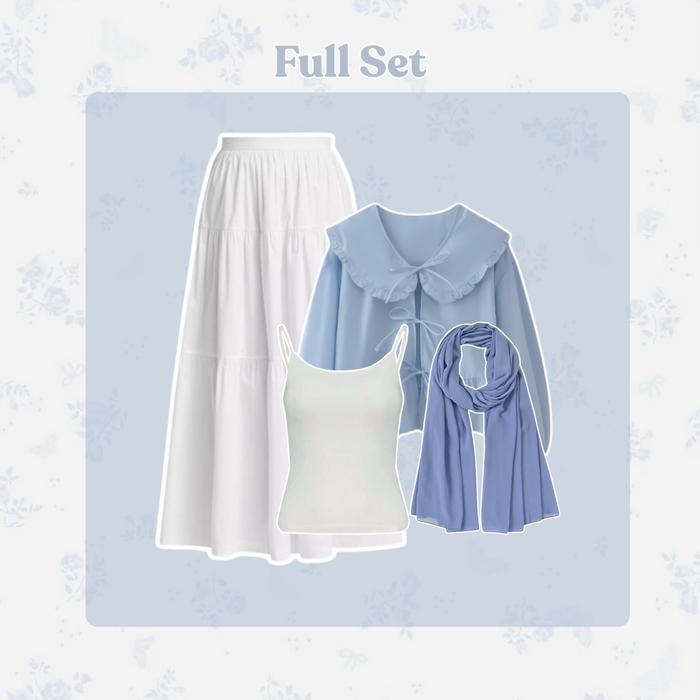Gambar One Set Korean Style |  Setelan OOTD Ke Pantai ( Atasan  Wanita Blouse Twiscone Biru, Rok Susun  Panjang Hyget Putih, Hijab  Pashmina Jersey Denim) LS34 - Full Set dari Lune style undefined Tokopedia