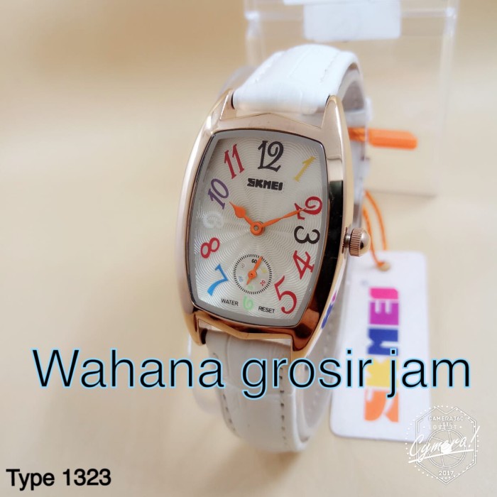 Jam Tangan Wanita Skmei 1323 Tali Kulit Putih Body Rosegold