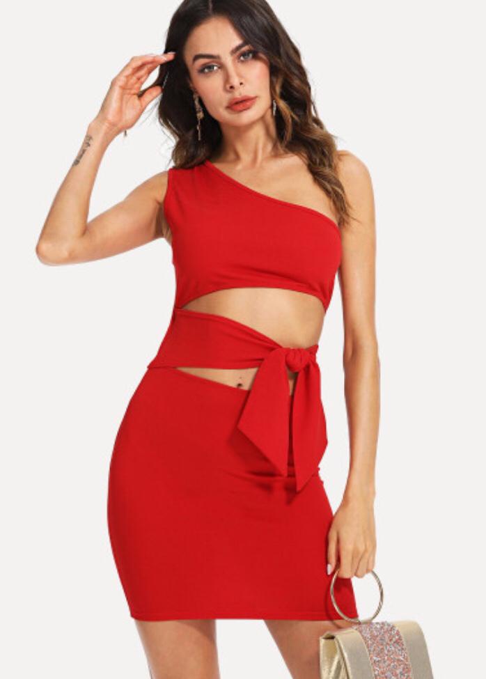 Knot Waist Cut Out One Shoulder Dress 