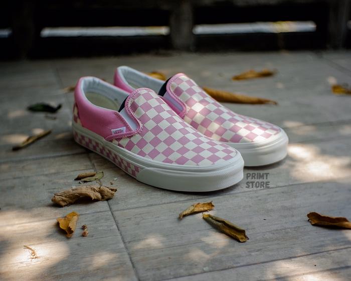pink check slip on vans