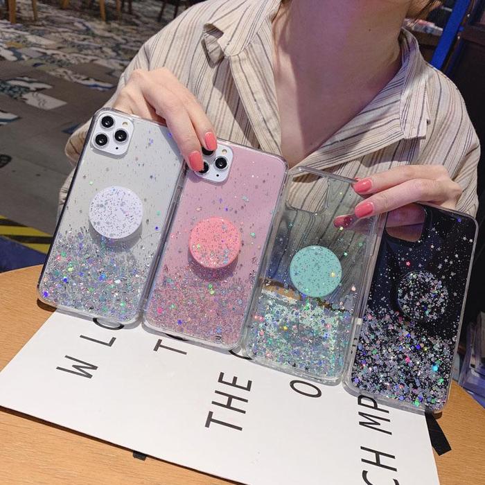 Case Iphone PLUS XR XS MAX Glitter Jelly softcase With Pop socket  iphone 7plus, Merah Muda