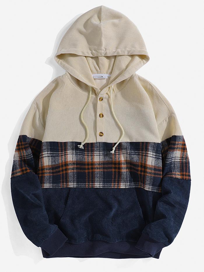 Jual AN Mens Corduroy Patchwork Plaid Long Sleeve Casual Hoodies