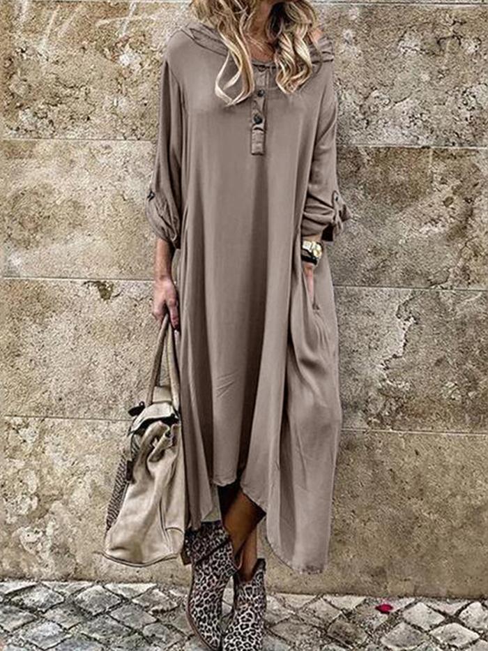 Jual AN Long Sleeve Button Solid Side Pocket Casual Maxi Dress For