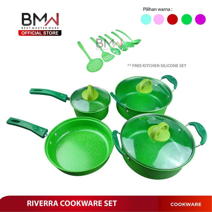 Gambar BMW Kitchen Ware - Teflon Riverra Panci Set Cookware Set Free Spatula - HIJAU dari BMW Kitchenware undefined Tokopedia