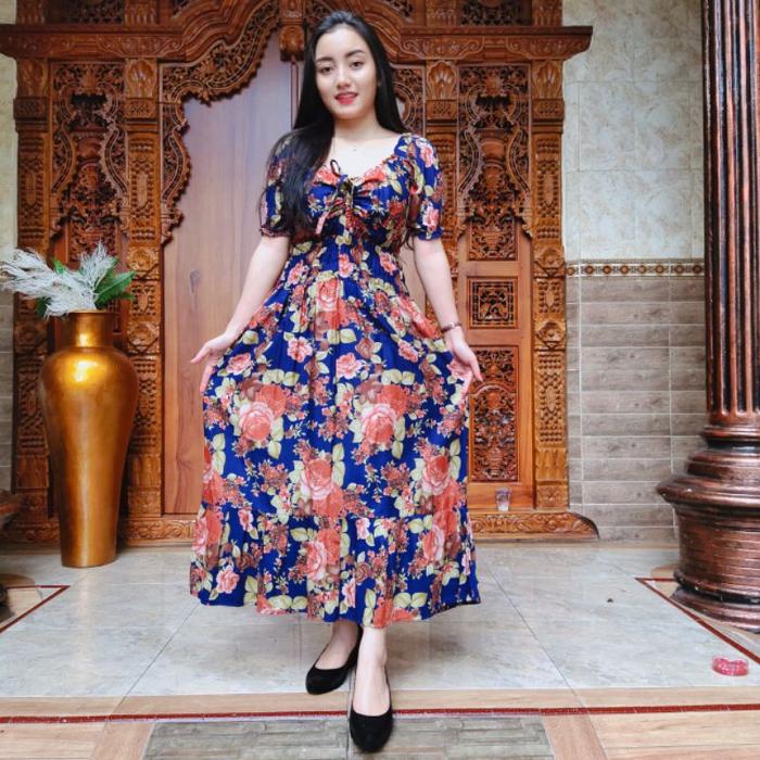 Gambar Dress Daster Panjang Cassandra Motif Bunga Mawar Besar Rose Flowers - Navy dari Aiza Bali undefined Tokopedia