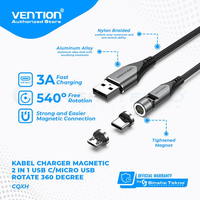 Gambar Vention Kabel Data Magnetic Usb Type C Micro b Usb Rotate 360 Degree Metal Alloy - CQXH, 0.5Meter dari Vention Authorized Store undefined Tokopedia