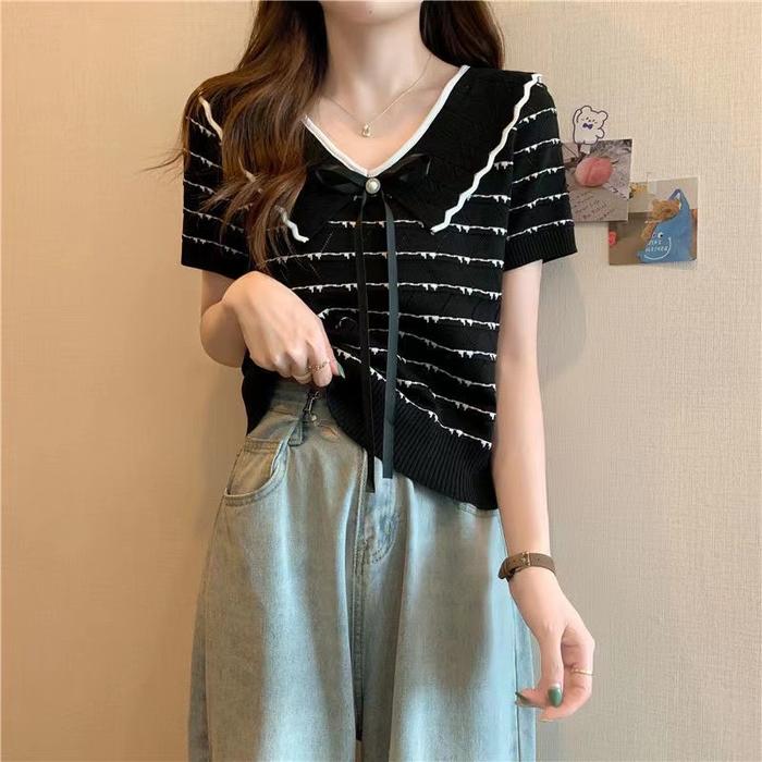 Gambar Knit Blouse Collar Ribbon Import Atasan Fashion Wanita BL829 - Hitam dari PinKio undefined Tokopedia