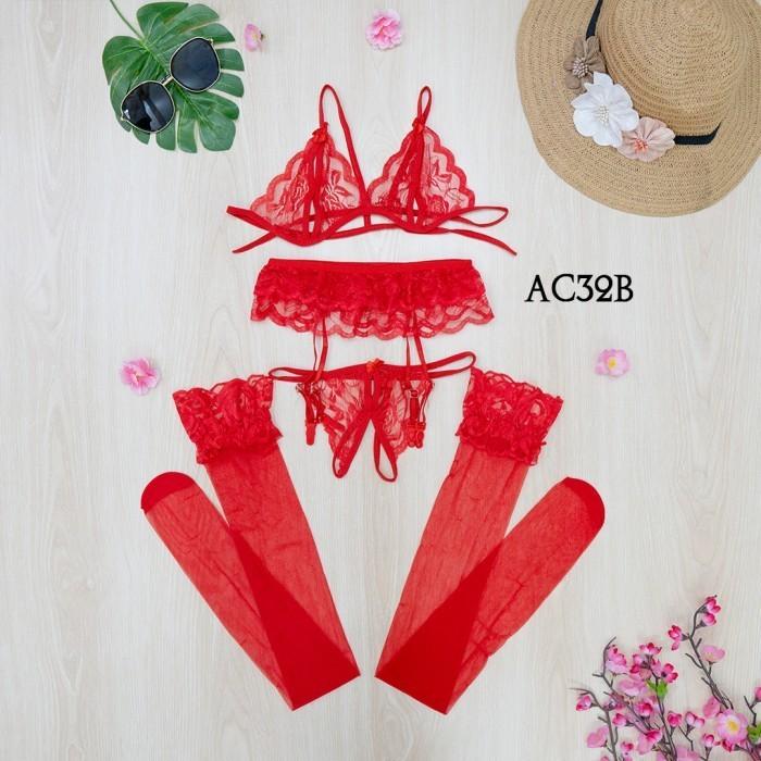 Gambar UNDERWEAR G STRING BRA SET + STOCKING SEXY + GARTER BELT MERAH AC32B - Merah dari House Of Lingerie undefined Tokopedia