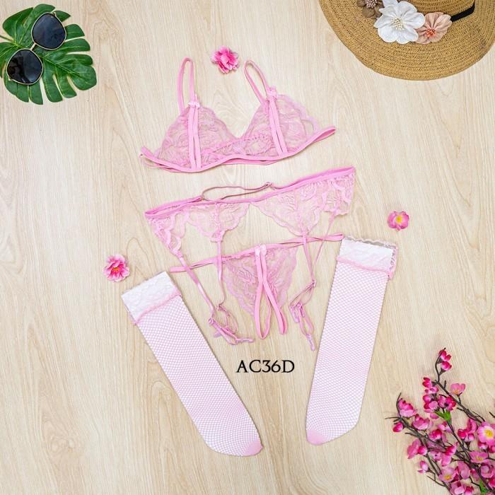 Gambar GARTER BELT + UNDERWEAR SEKSI BRA SET + LINGERIE STOCKING PINK AC36D - Merah Muda dari House Of Lingerie undefined Tokopedia