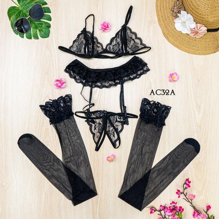 Gambar BRA SET CD G STRING + STOCKING SEXY + GARTER BELT LACE HITAM AC32A - Hitam dari House Of Lingerie undefined Tokopedia