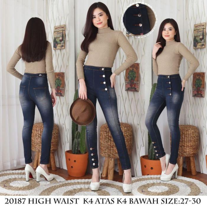 Jual Celana Jeans Wanita Panjang Hightwaist Kancing Samping Motif