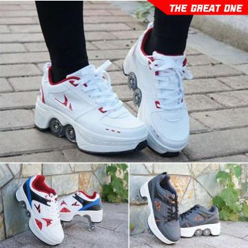 Gambar GO Sepatu Roda Lipat Sepatu Deformasi Sepatu Lari Empat Roda - white blue dari The-Great-One undefined Tokopedia