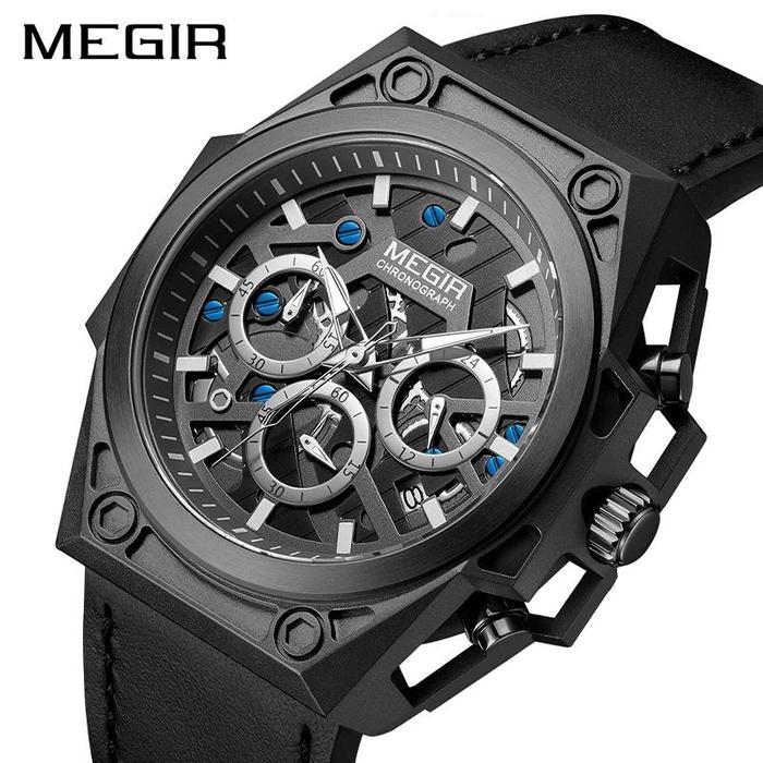 Gambar MEGIR 4220 Jam Tangan Pria Analog Tali Kulit Chronograph Original - Hitam Hitam dari MICKTRIBE.ID undefined Tokopedia